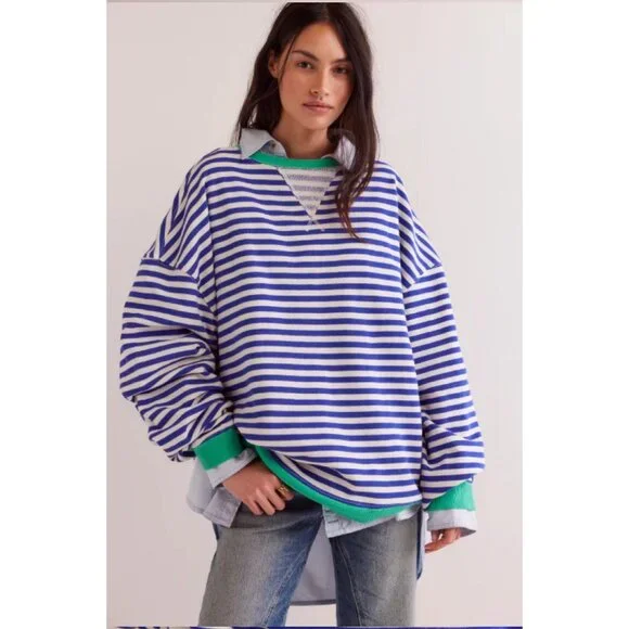 We The Free x Free People Classic Striped Oversized Crewneck Sweater Top - Picture 1 of 8